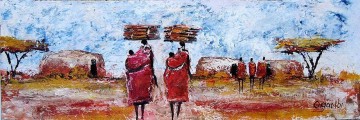 アフリカ人 Painting - アフリカのマニャッタに木材と子供たちを運ぶ